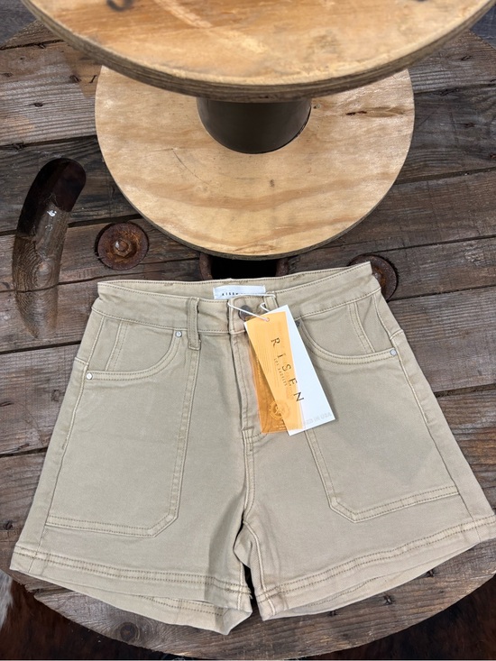 Risen Jeans Pants - RISEN JEANS Women's High Rise Beige Utility Denim Shorts S Button 5-Pocket